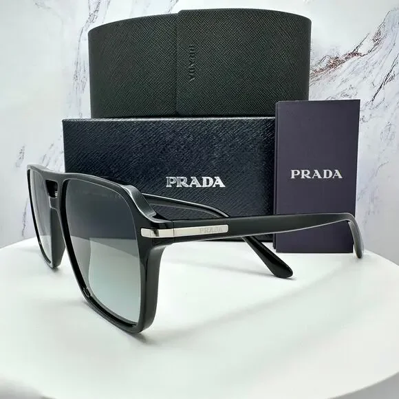 NEW PRADA Sunglasses Black Aviator Pilot 55-17mm Grey Lens Silver Logo - Picture 1 of 16
